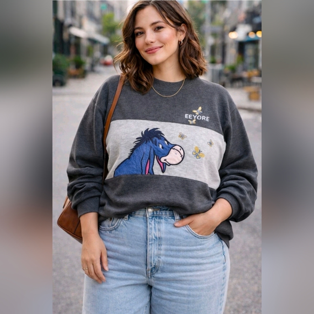 Vtg Disney Eeyore Sweatshirt Gray Y2K Winnie The Pooh Jerry Leigh 90s Sz L